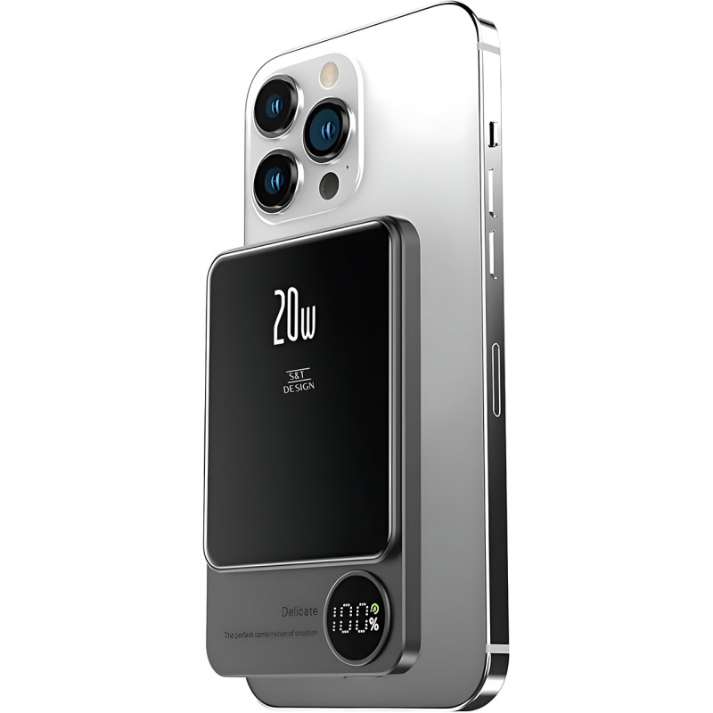 Power Bank Q9 MagSafe 5000 mAh 20W с беспроводной зарядкой Qi 15W, PD Type-C, дисплей, ультратонкий 12 мм, магнитный павербанк фото - 4