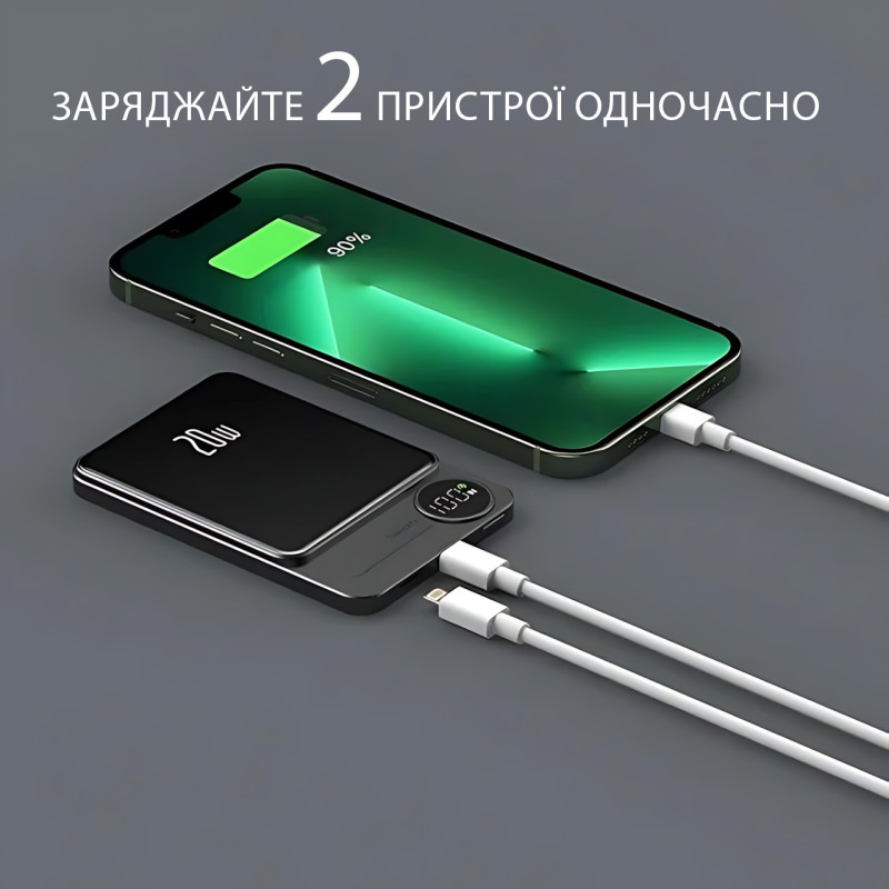 Power Bank Q9 MagSafe 5000 mAh 20W с беспроводной зарядкой Qi 15W, PD Type-C, дисплей, ультратонкий 12 мм, магнитный павербанк фото - 5