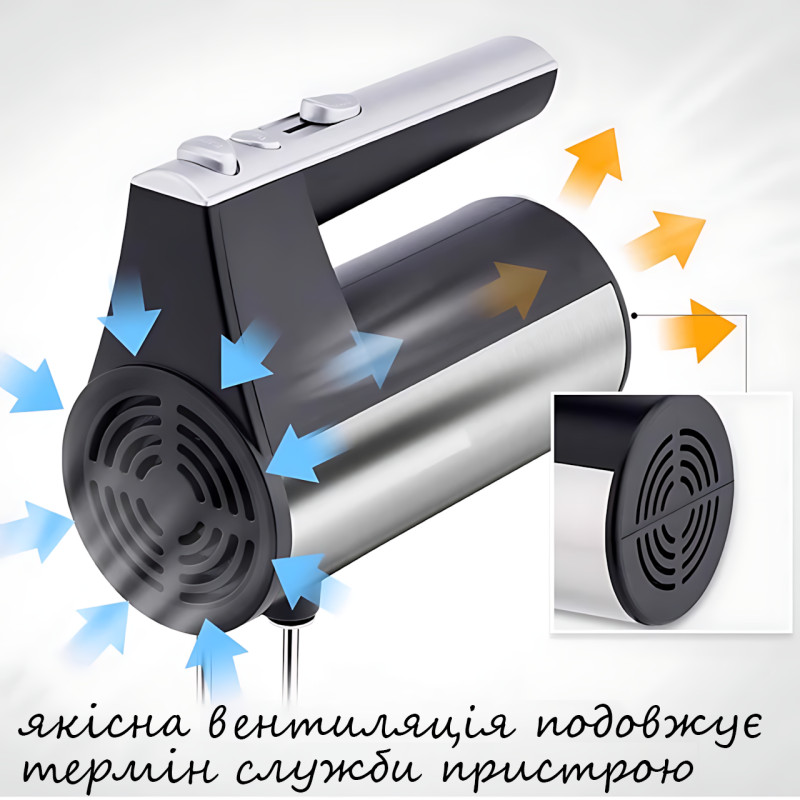 Миксер ручной Domotec R-6690 600W, 5 скоростей + Турбо, металлический корпус, венчики и крюки фото - 7