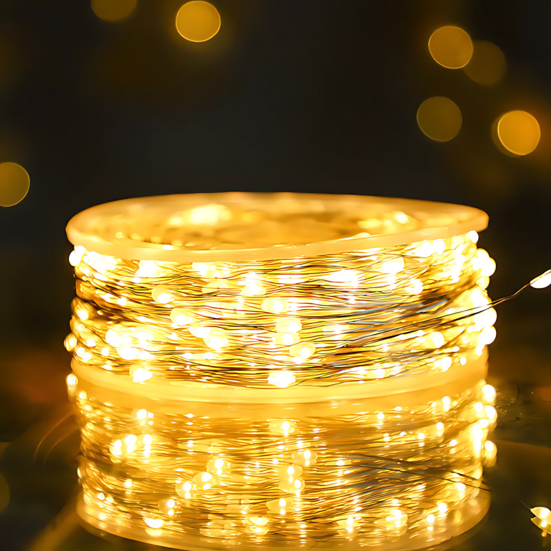 Светодиодная гирлянда-нить, 200 LED, теплый желтый цвет, прозрачный провод, от сети 220В, с пультом ДУ, для дома/улиц, 50 метров фото - 7