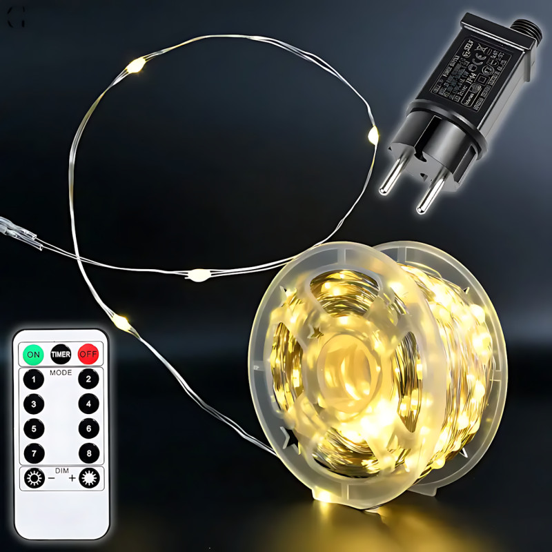 Светодиодная гирлянда-нить, 200 LED, теплый желтый цвет, прозрачный провод, от сети 220В, с пультом ДУ, для дома/улиц, 50 метров фото - 10