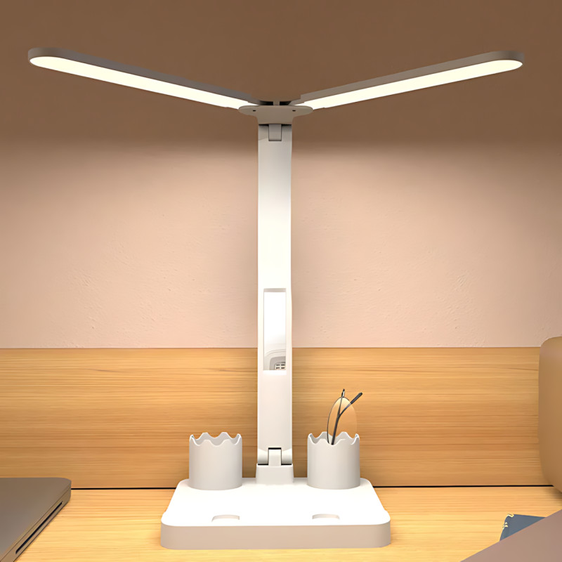 Настольная аккумуляторная LED-лампа с двумя плафонами, 7 Вт, 3 режима яркости, зарядка от USB, складная, с подставкой для ручек фото - 3