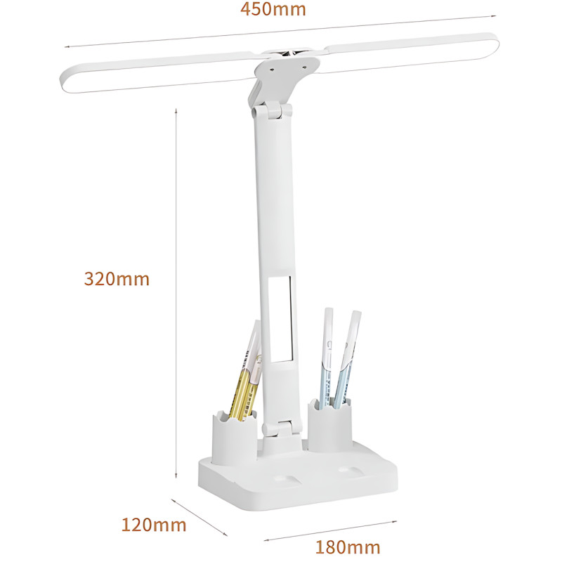 Настольная аккумуляторная LED-лампа с двумя плафонами, 7 Вт, 3 режима яркости, зарядка от USB, складная, с подставкой для ручек фото - 8