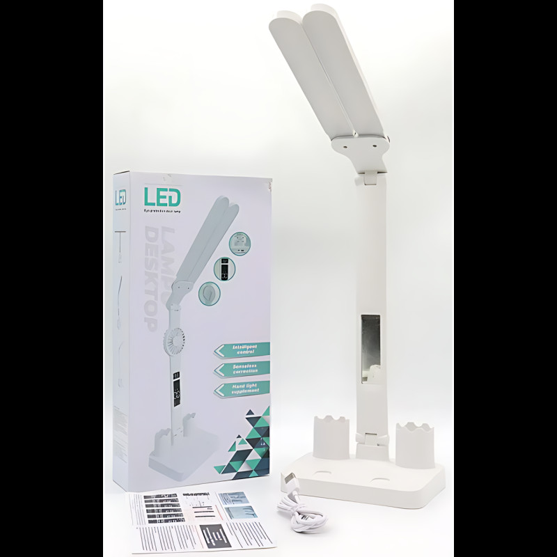 Настольная аккумуляторная LED-лампа с двумя плафонами, 7 Вт, 3 режима яркости, зарядка от USB, складная, с подставкой для ручек фото - 9