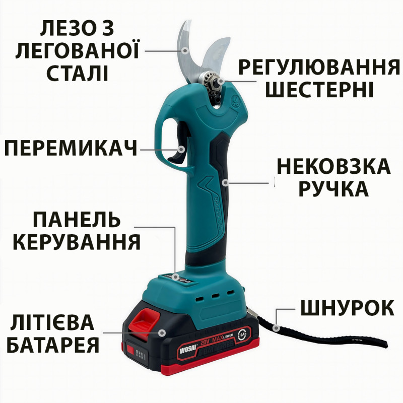 Аккумуляторный секатор WOSAI 30 мм, 20В, 2 АКБ по 3 Ач, бесщёточный мотор, сменное лезвие, кейс фото - 5