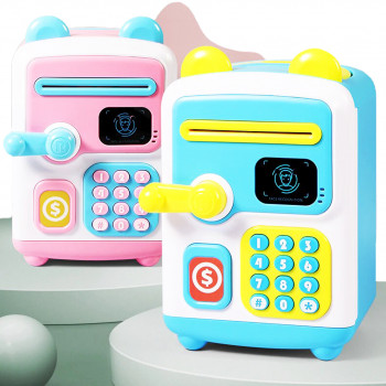 Детская копилка-сейф с кодовым замком и купюроприемником голубая  face recognition moneybox