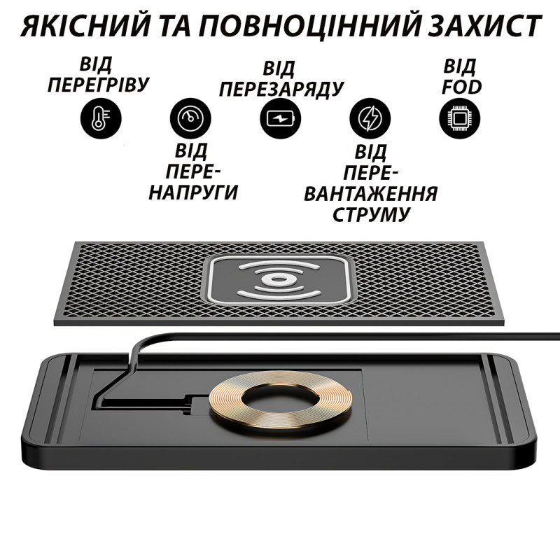 Автомобільний силіконовий килимок-тримач із бездротовою зарядкою 15W, антиковзний зарядний килимок фото - 8