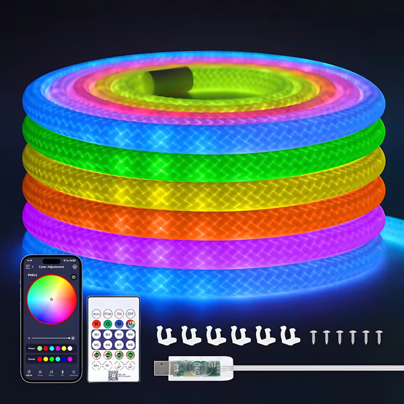 Неоновая пиксельная LED лента-шнур 5 м, SFK-30, WS2811, RGB 360°, IP67, с контроллером и пультом фото - 8