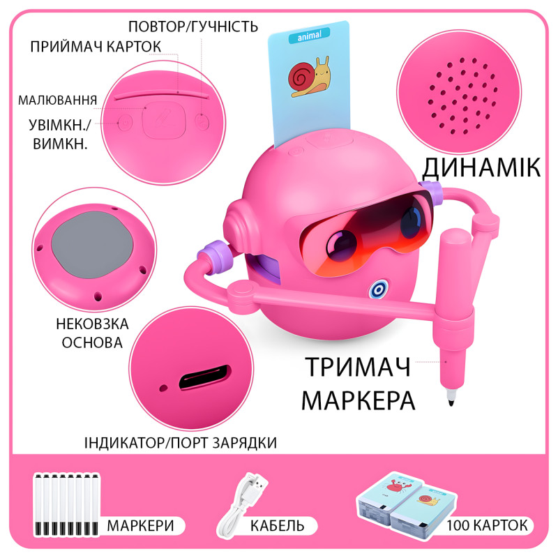 Интерактивный робот-художник для детей, умный робот для рисования с ИИ, 100 обучающих карточек, USB-зарядка, розовый фото - 4