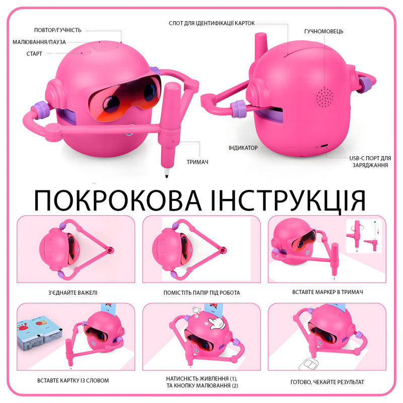 Интерактивный робот-художник для детей, умный робот для рисования с ИИ, 100 обучающих карточек, USB-зарядка, розовый фото - 9