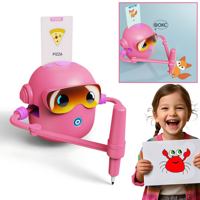 Интерактивный робот-художник для детей, умный робот для рисования с ИИ, 100 обучающих карточек, USB-зарядка, розовый