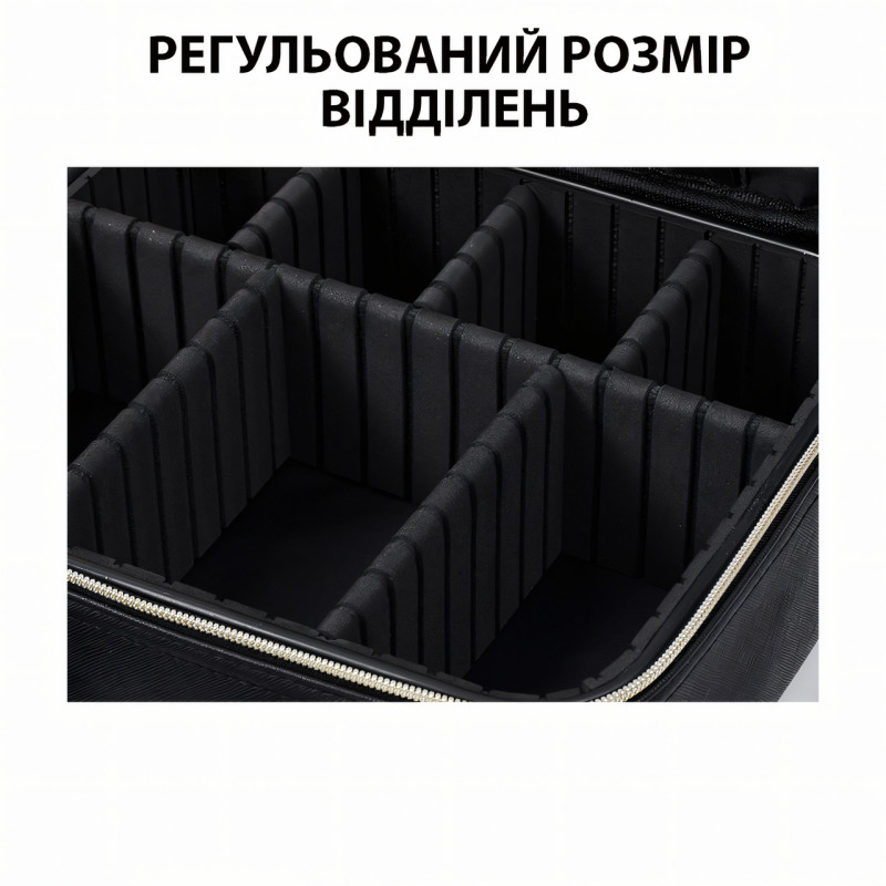 Косметичка-чемоданчик с LED зеркалом, кожаный органайзер для косметики 31330 с USB, ручкой, на молнии, черный фото - 7