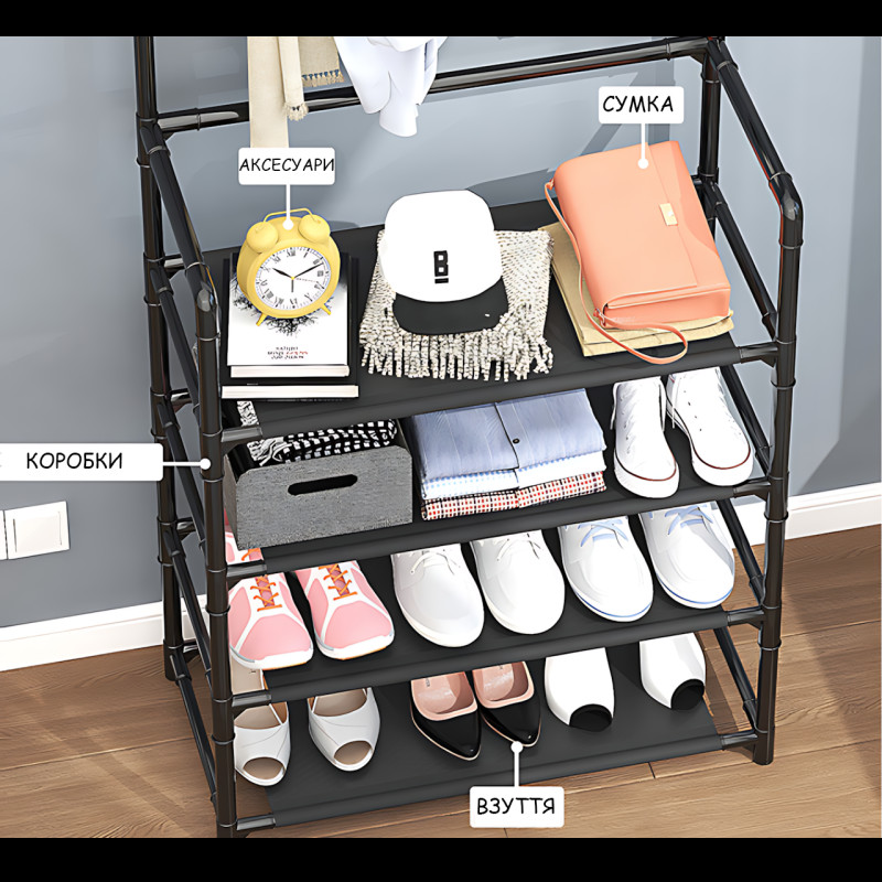 Сборная напольная вешалка для одежды New Simple Floor Clothes, универсальная стойка-вешалка, 4 полки, 154х60х29.5 см, черный фото - 7