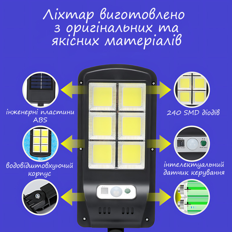Вуличний світильник на сонячній батареї з пультом Solar Street Light BK-240B-SMD, автономний LED ліхтар фото - 8