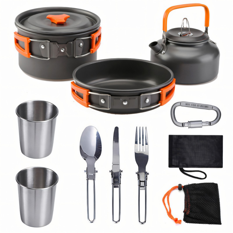 Набор туристической посуды Camping cooking, металлический походной комплект: чайник, сковорода, кастрюля фото - 7