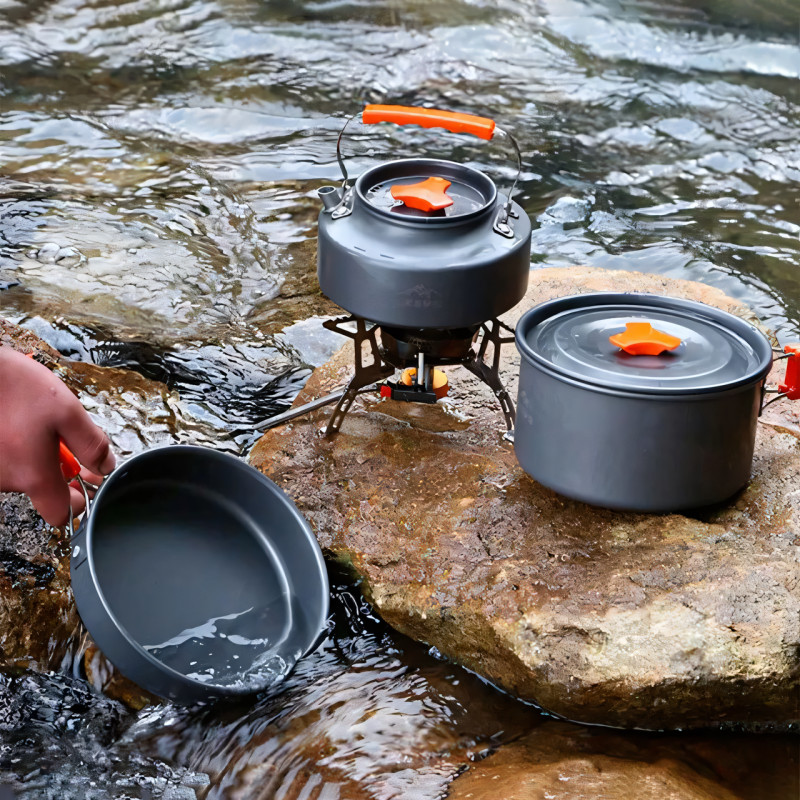 Набор туристической посуды Camping cooking, металлический походной комплект: чайник, сковорода, кастрюля фото - 8