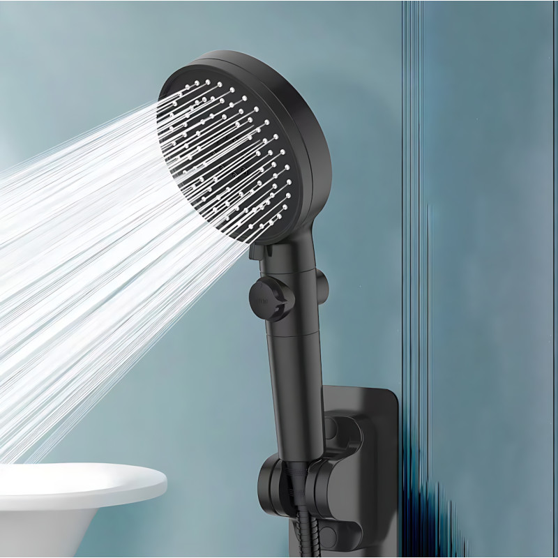 Лейка для душа Shower set AND, 6 режимов, с кнопкой стоп и самоочищающимся отверстием, черная душевая насадка фото - 10