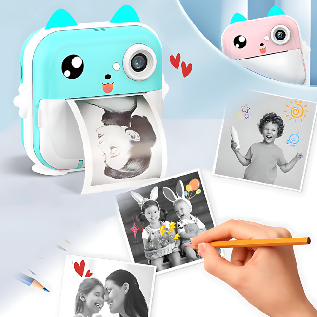 Дитячий фотоапарат "Гострі вушка" Q5 APP з екраном, миттєвий друк фото, синій