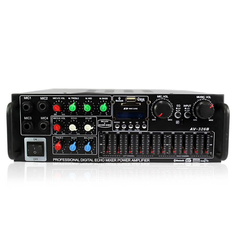 Усилитель звука AMP-326BT 300 Вт с Bluetooth, FM-радио, USB, SD, караоке, эквалайзером и пультом, стерео аудиоусилитель 2×150 Вт фото - 2