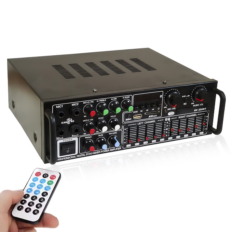 Усилитель звука AMP-326BT 300 Вт с Bluetooth, FM-радио, USB, SD, караоке, эквалайзером и пультом, стерео аудиоусилитель 2×150 Вт фото - 5