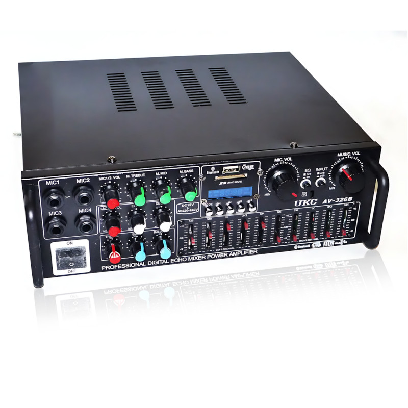Усилитель звука AMP-326BT 300 Вт с Bluetooth, FM-радио, USB, SD, караоке, эквалайзером и пультом, стерео аудиоусилитель 2×150 Вт фото - 6