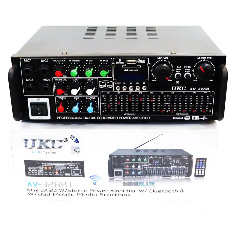 Усилитель звука AMP-326BT 300 Вт с Bluetooth, FM-радио, USB, SD, караоке, эквалайзером и пультом, стерео аудиоусилитель 2×150 Вт фото - 8