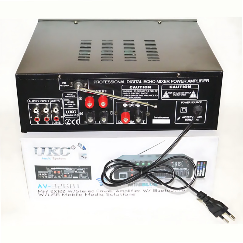 Усилитель звука AMP-326BT 300 Вт с Bluetooth, FM-радио, USB, SD, караоке, эквалайзером и пультом, стерео аудиоусилитель 2×150 Вт фото - 9
