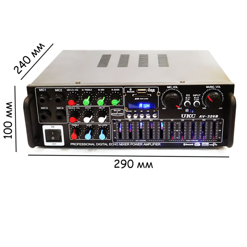 Усилитель звука AMP-326BT 300 Вт с Bluetooth, FM-радио, USB, SD, караоке, эквалайзером и пультом, стерео аудиоусилитель 2×150 Вт фото - 7