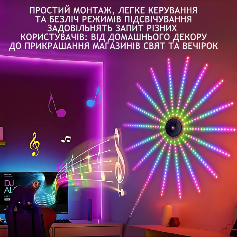 Светодиодный Led фейерверк SFK-18, программируемая USB лента на стену с APP Bluetooth, 1 м + 10 лент по 0.5 м фото - 3