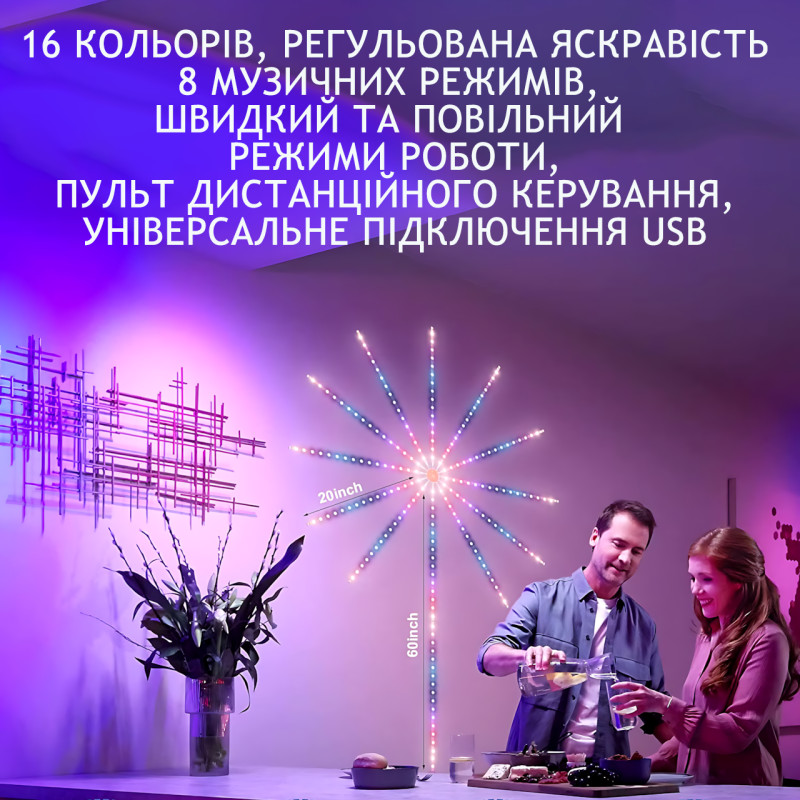 Светодиодный Led фейерверк SFK-18, программируемая USB лента на стену с APP Bluetooth, 1 м + 10 лент по 0.5 м фото - 5