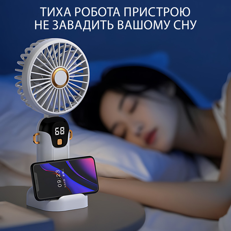 Портативний вентилятор JX-995 з 3 швидкостями обдування, LED-дисплеєм, USB заряджанням і підставкою для телефона Чорний фото - 6