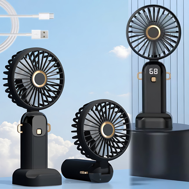 Портативний вентилятор JX-995 з 3 швидкостями обдування, LED-дисплеєм, USB заряджанням і підставкою для телефона Чорний