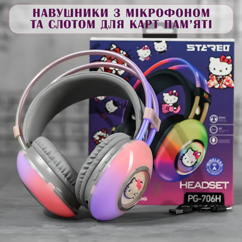 Навушники Bluetooth Hello Kitty PG-706H з RGB підсвічуванням, мікрофоном, підтримкою карт пам'яті фото - 7