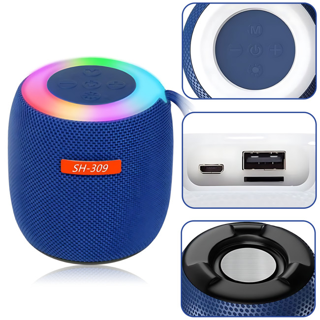 Портативна Bluetooth-колонка UKC SH-309, 5 Вт, 800 мА·год, RGB LED-підсвітка, TWS, FM, USB/TF/AUX, Type-C Синій
