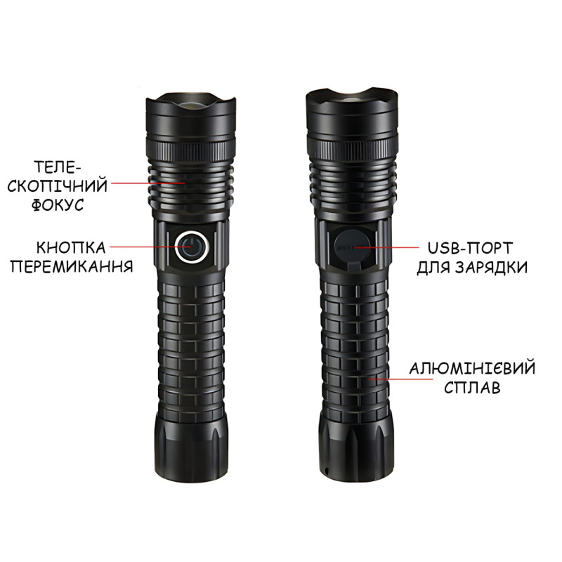 Тактичний LED ліхтар Bailong BL-A91-P50, Cree XMP50, Zoom, 3 режими, USB-зарядка microUSB, акумулятор 18650, вологозахищений фото - 2