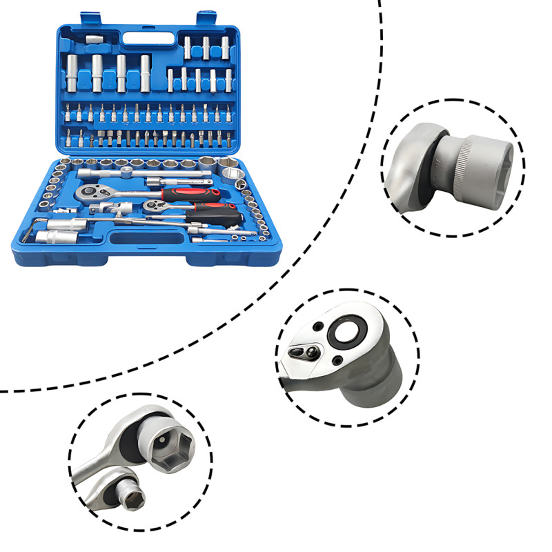 Набір головок ZHONGXIN 94 предмети 1/4" і 1/2" DR, Torx, хром-ванадій, тріскачки, біти, свічкові головки, синій фото - 5