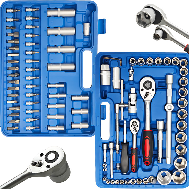 Набір головок ZHONGXIN 94 предмети 1/4" і 1/2" DR, Torx, хром-ванадій, тріскачки, біти, свічкові головки, синій фото - 3