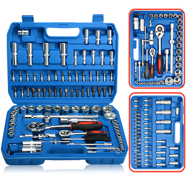 Набір головок ZHONGXIN 94 предмети 1/4" і 1/2" DR, Torx, хром-ванадій, тріскачки, біти, свічкові головки, синій