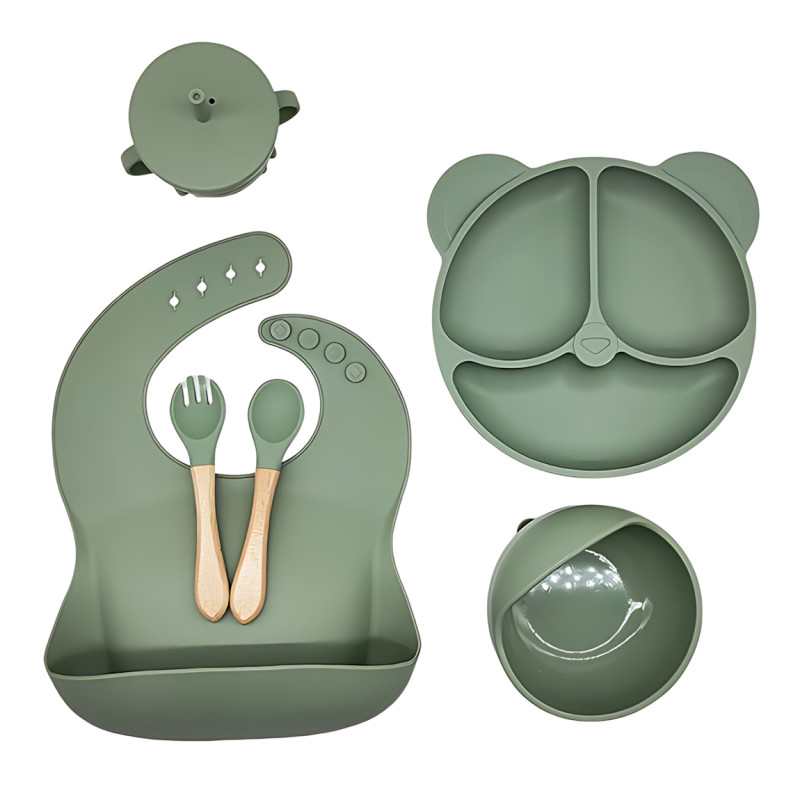 Дитячий силіконовий набір посуду 6 предметів: тарілка на присоску з 3 секціями &Oslash;19 см, з ложкою та виделкою, чашкою-поїлкою 150 мл фото - 3