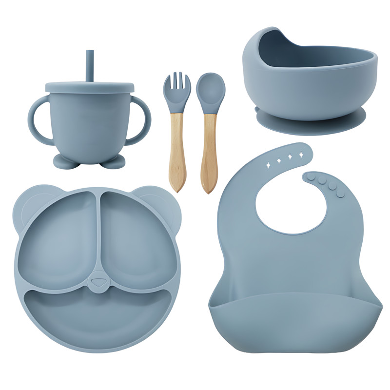 Дитячий силіконовий набір посуду 6 предметів: тарілка на присоску з 3 секціями &Oslash;19 см, з ложкою та виделкою, чашкою-поїлкою 150 мл фото - 2
