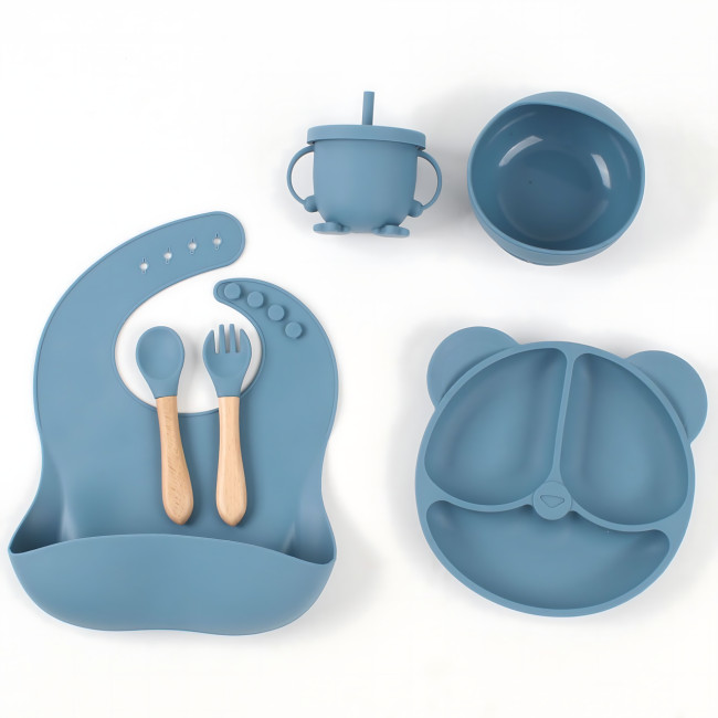 Дитячий силіконовий набір посуду 6 предметів: тарілка на присоску з 3 секціями &Oslash;19 см, з ложкою та виделкою, чашкою-поїлкою 150 мл