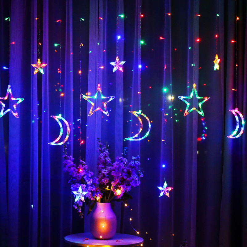 Разноцветная гирлянда светодиодная штора Звезды и месяц 2.5 метра 138LED 220В фото - 3