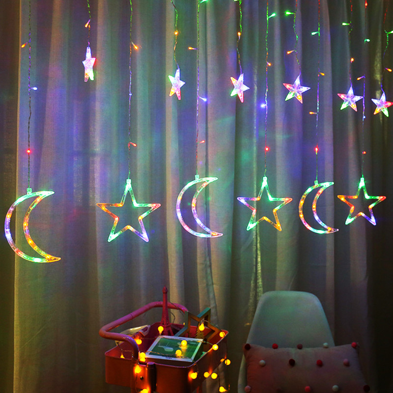 Разноцветная гирлянда светодиодная штора Звезды и месяц 2.5 метра 138LED 220В фото - 4