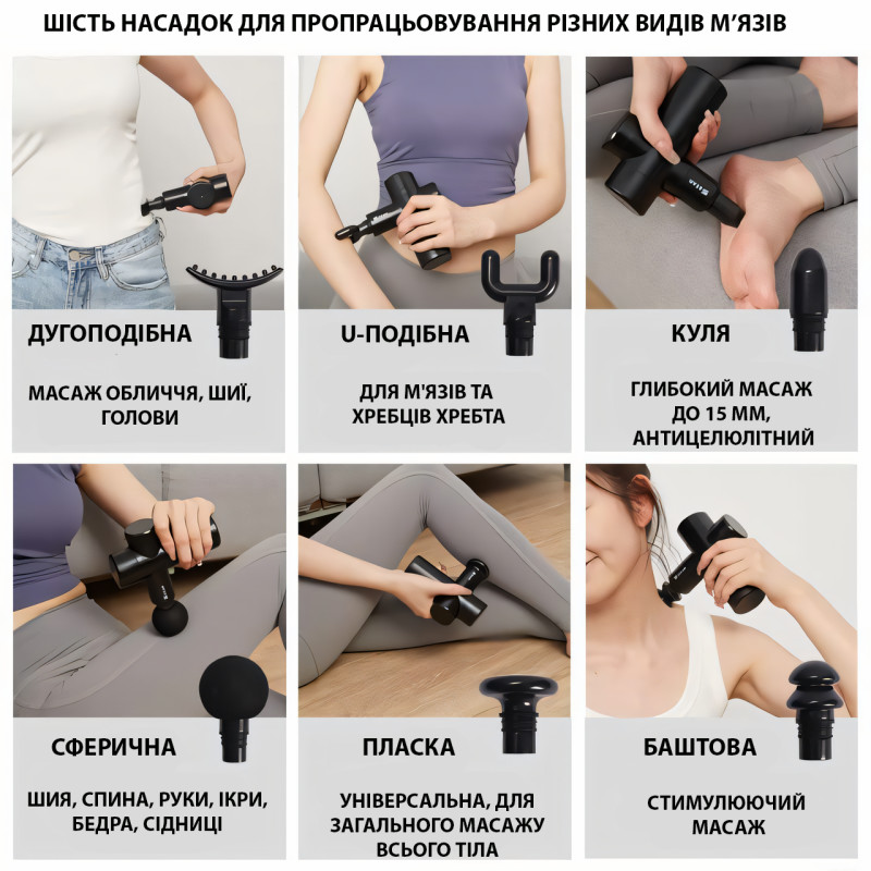 Перкусійний масажер із 6 насадками, лімфодренажний масажер у кейсі Gun Massager, вібромасажер фото - 3