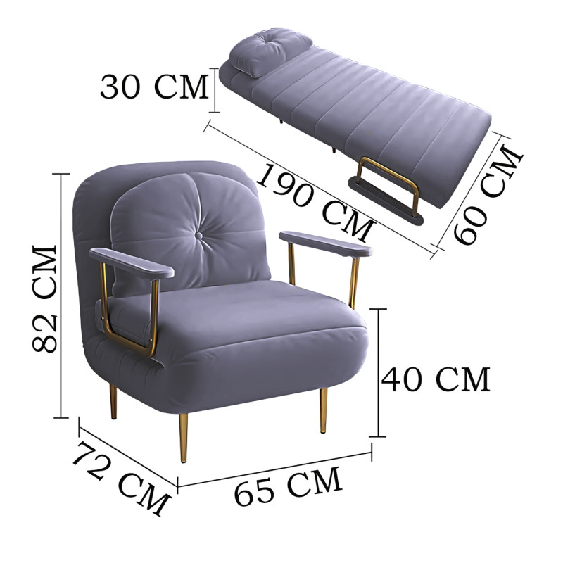 Кресло-кровать раскладное 3-в-1 DR-65, софа, шезлонг с металлическим каркасом, тканью антикоготь, подушкой, подлокотниками, серый фото - 46