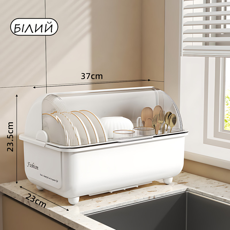 Сушарка для зберігання посуду Dish Storage, пилозахисне кухонне сушіння з кришкою, піддоном для води, білий фото - 6