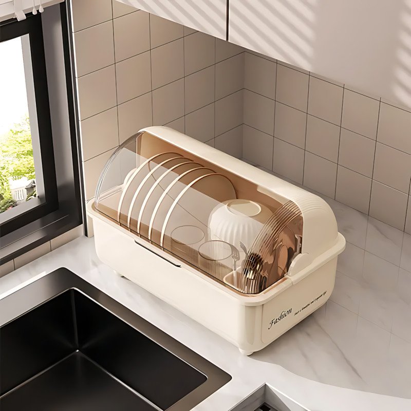 Сушарка для зберігання посуду Dish Storage, пилозахисне кухонне сушіння з кришкою, піддоном для води, білий фото - 7
