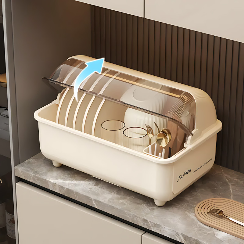 Сушарка для зберігання посуду Dish Storage, пилозахисне кухонне сушіння з кришкою, піддоном для води, білий фото - 5