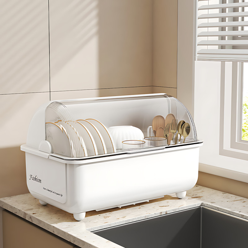 Сушарка для зберігання посуду Dish Storage, пилозахисне кухонне сушіння з кришкою, піддоном для води, білий фото - 2