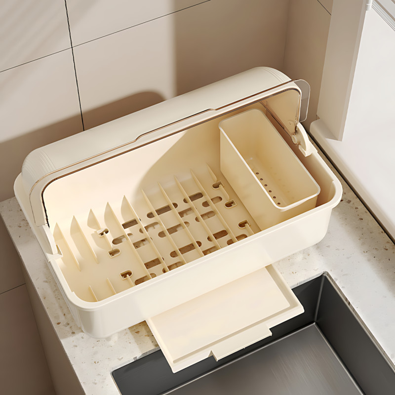 Сушарка для зберігання посуду Dish Storage, пилозахисне кухонне сушіння з кришкою, піддоном для води, білий фото - 3